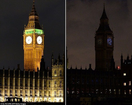 Hình ảnh thế giới “tắt đèn” vì tương lai xanh - 1 Tháp
Big Ben ở London, Anh tắt đèn trong một tiếng đồng hồ để hưởng ứng Giờ Trái đất.