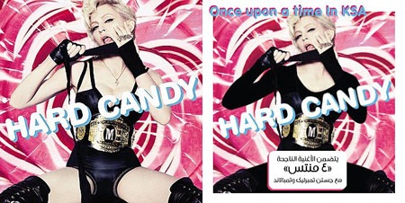 Những bìa đĩa “gợi cảm” ở... Trung Đông - 1 Bìa
album “Hard Candy” của Madonna phát hành tại thị trường Mỹ (trái) và Ả Rập
Saudi (phải).
