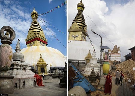 Hình ảnh văn hóa - lịch sử của Nepal “tang thương” sau động đất - 15 Tháp
Syambhunaath trước và sau trận động đất.