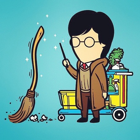Harry Potter với khả năng điều khiển cây chổi thần kỳ làm nhân viên vệ sinh.
