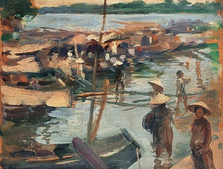 Họa sĩ Pháp đã vẽ Việt Nam như thế nào? - 24 Bức “Chợ bên bến sông”
- một bức tranh sơn dầu của họa sĩ người Pháp