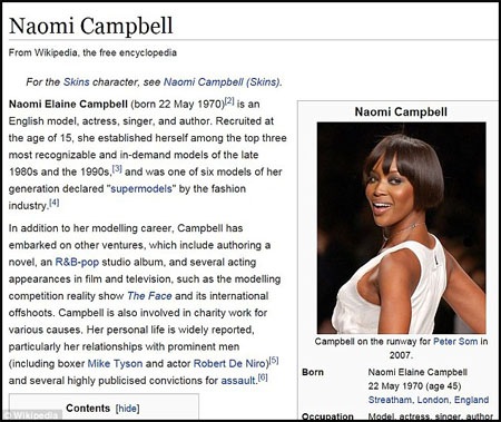 Siêu mẫu Naomi Campbell bỏ tiền để “nâng cấp” tiểu sử trên... Wikipedia - 3 Những
thông tin về mối quan hệ tình cảm giữa Naomi Campbell và Mike Tyson một thời bị
xóa bỏ.
