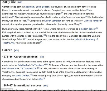 Siêu mẫu Naomi Campbell bỏ tiền để “nâng cấp” tiểu sử trên... Wikipedia - 4 Những
thông tin về mối quan hệ tình cảm giữa Naomi Campbell và Mike Tyson một thời bị
xóa bỏ.