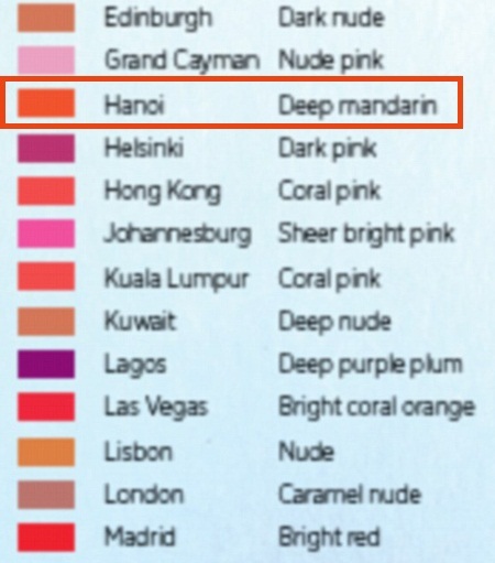 Bản đồ các màu son được ưa chuộng bởi phụ nữ ở từng quốc
gia, khu vực trên thế giới.