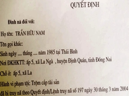 Làm rõ quy trình tuyển dụng kẻ bị truy nã vào ngành công an - 1 Quyết định truy nã Trần Hữu Nam của công an TP Biên Hòa (Ảnh: A.H)