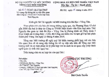 Tổng cục Môi trường vào cuộc vụ tàu nghìn tấn “mất tích” - 3 Công văn chỉ đạo rà soát, kiểm tra lại vụ vận chuyển bụi lò của Tổng cục Môi trường