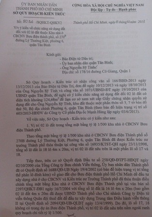 Công văn số 5024 của Sở Quy hoạch Kiến trúc gửi Báo Dân trí, UBND quận Tân Bình, cho biết 