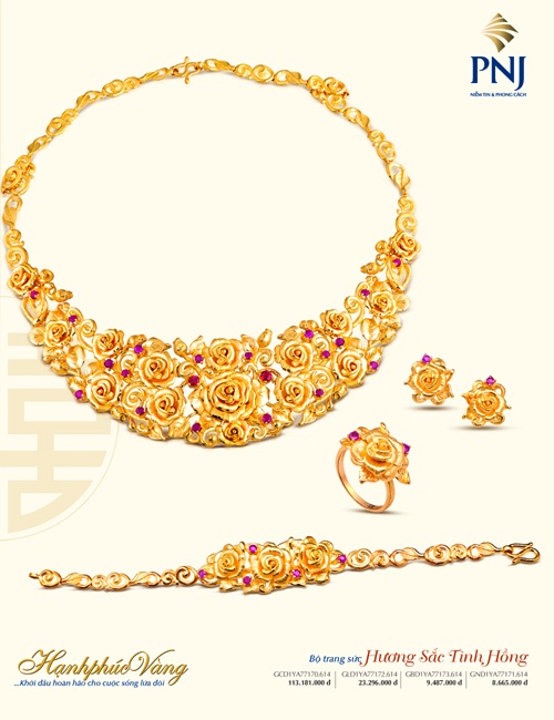 BTS Hương Sắc Tình
Hồng 155 triệu đồng/bộ bao gồm dây cổ, lắc tay, bông tai và nhẫn