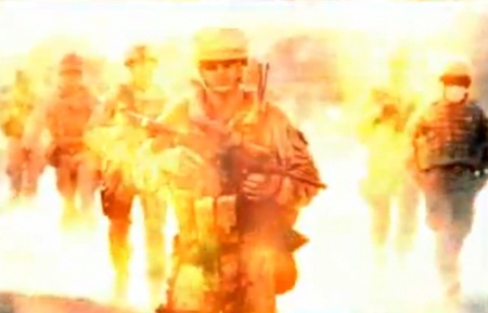 Triều Tiên tung video Obama chìm trong biển lửa - 1 Hình ảnh các binh sĩ Mỹ chìm trong biển lửa trong đoạn video.