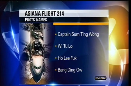 Hàng không Hàn Quốc dọa kiện truyền hình Mỹ vì phi công “ma” - 1 Bản tin của KTVU-TV đăng tải sai tên của các phi công.