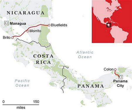 Nicaragua khởi công kênh đào 50 tỷ USD nối hai đại dương - 5 Mô phỏng đường đi của kênh đào xuyên Nicaragua.