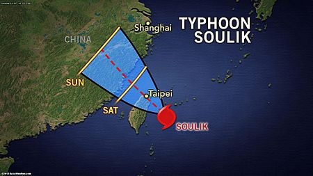 Bão Soulik càn quét miền đông Trung Quốc, 3 người chết - 3 Mô phỏng đường đi của bão Soulik.