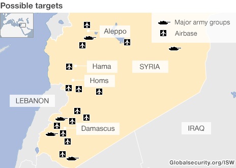 Các kịch bản can thiệp quân sự của phương Tây vào Syria - 2 Sơ đồ mô phỏng các mục tiêu tại Syria có thể bị tấn công.