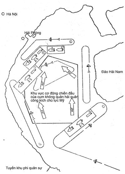 "Ván bài lật ngửa" ở Biển Đông - 1 Sơ đồ cơ động của các cụm không quân hải quân công kích Mỹ trên Vịnh Bắc Bộ.