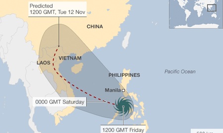 Bão ở Philippines: Hơn 100 thi thể nằm trên đường phố - 4 Bão Haiyan đã vào Biển Đông và đang hướng về phía Việt Nam.