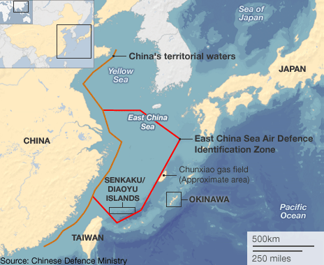 Vùng phòng không (đường màu đỏ) mà Trung Quốc mới thiết lập ở Hoa Đông