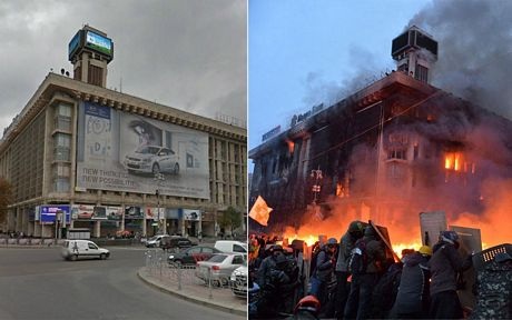 Một tòa nhà cao tầng ở Kiev bị đốt phá trong bạo loạn.