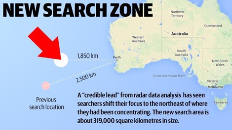 Malaysia tính rà soát biển sâu tìm MH370 sau thời hạn 30 ngày - 1 Khu vực tìm kiếm mới giờ đây cách thành phố Perth khoảng 1.850 km.
