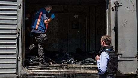 Các thi thể được khiêng lên xe tải.