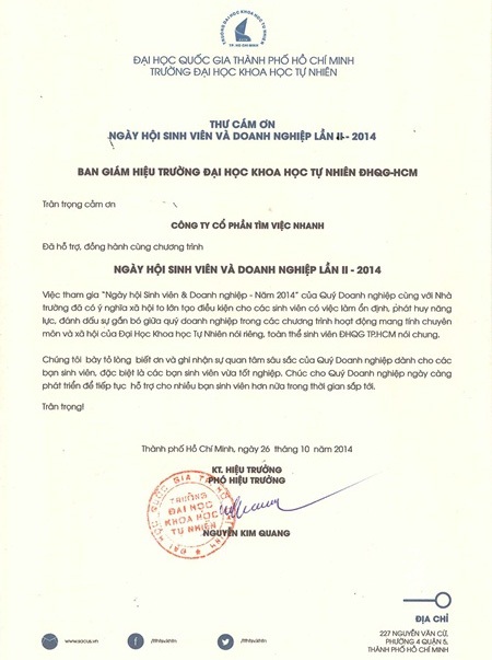 Sinh viên khởi nghiệp - Câu chuyện người đồng hành - 3 Trường ĐH Khoa học tự nhiên gửi thư cảm ơn Timviecnhanh.com