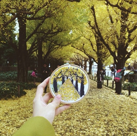 Cô gái trẻ “chụp” lại hành trình “xê dịch” bằng tranh thêu - 5 Con đường lá vàng ở Tokyo, Nhật Bản.