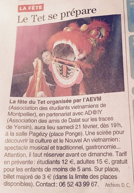 Tin vắn giới thiệu sự kiện Tết của hội SVVN tại Montpellier trên báo Midi Libre của Pháp.