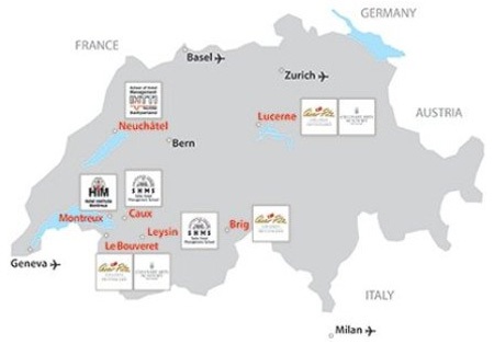 Bản đồ phân bố các trường và các khu học xá của Tập đoàn SEG ở Thụy Sĩ