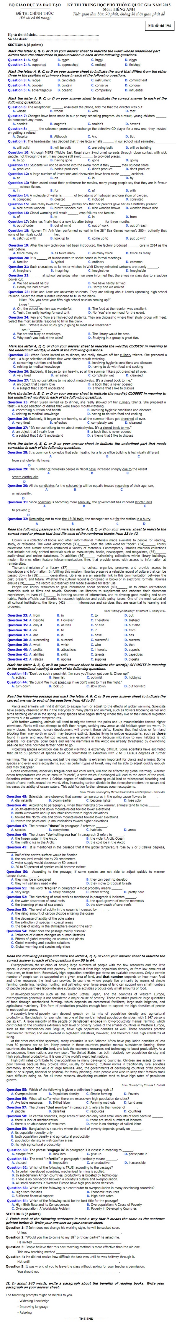 MỜI CÁC BẠN XEM ĐÁP ÁN MÔN TIẾNG ANH 