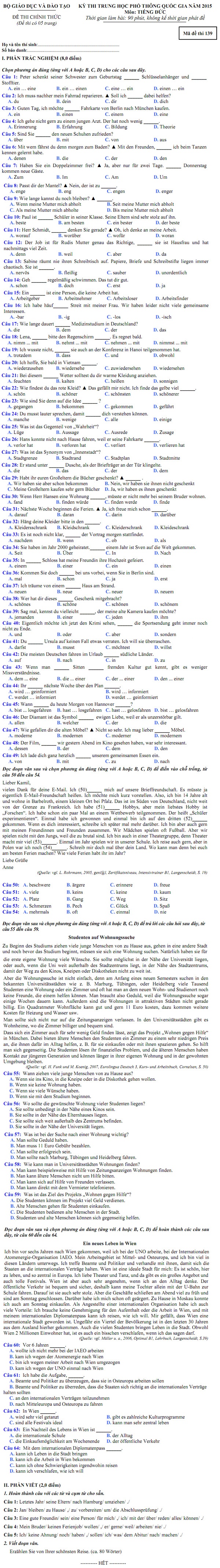Môn tiếng Đức - Đề thi và đáp án chính thức - 1 MỜI CÁC BẠN XEM ĐÁP ÁN MÔN TIẾNG ĐỨC