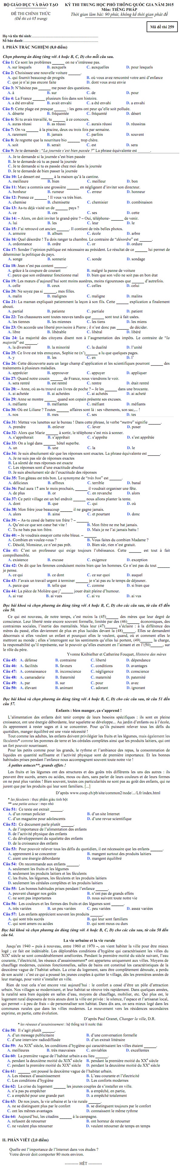 Môn tiếng Pháp - Đề thi và đáp án chính thức - 1 MỜI CÁC BẠN XEM ĐÁP ÁN MÔN TIẾNG PHÁP
