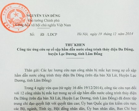Thủ tướng khen ngợi lực lượng cứu hộ vụ sập hầm thủy điện - 1 THƯ KHEN
