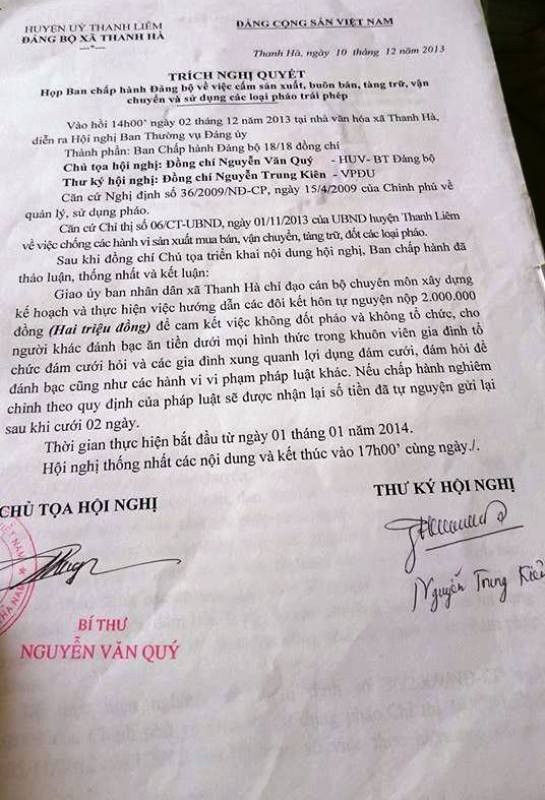 Trích Nghị quyết họp Ban chấp hành Đảng bộ xã Thanh Hà về việc cấm sản xuất, buôn bán, tàng trữ vận chuyển và sử dụng các loại pháo trái phép