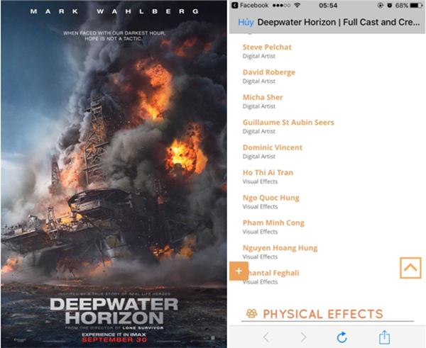 
Những tên Việt trên bảng giới thiệu của “Deepwater Horizon”, trong đó có Hồ Thị Ái Trân
