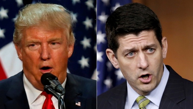 Trump "nổi đóa" vì không được lãnh đạo Hạ viện bảo vệ - 1 Ứng viên tổng thống đảng Cộng hòa Donald Trump (trái) và Chủ tịch Hạ viện Mỹ Paul Ryan. (Ảnh: CBC)