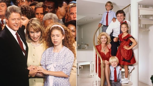 Ảnh bên trái chụp hai vợ chồng bà Clinton cùng con gái Chelsea tại đại hội đảng Dân chủ năm 1992. Ảnh bên phải chụp cả gia đình tỷ phú Trump vào khoảng năm 1986. (Ảnh: Sygma/Cobris)