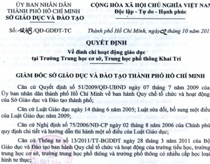 Trường bị đình chỉ, phụ huynh lo khâu chuyển trường - 1 Quyết định đình chỉ đối với Trường THCS - THPT Khai Trí.