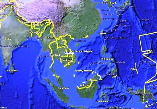 Sách giáo khoa hướng dẫn sử dụng phần mềm có hình “đường lưỡi bò” - 1 Phần mềm Earth Explorer hiện rõ đường lưỡi bò khi xem đường biên giới các quốc gia.