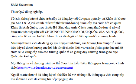 Chương trình Tích hợp: Không có sự hợp tác của Bộ Giáo dục Anh? - 3 Văn bản Cơ quan Khảo thí Quốc gia Anh xác nhận EMG là một đơn vị được cấp mã code