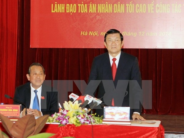 Chủ tịch nước làm việc với ngành Tòa án Nhân dân Tối cao - 1 Chủ tịch nước Trương Tấn Sang phát biểu tại buổi làm việc. Ảnh: Nguyễn Khang/TTXVN