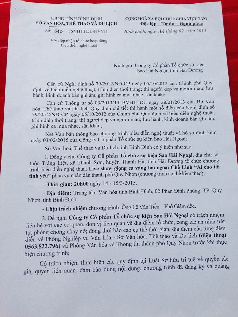 Liveshow Chế Linh không bị đình chỉ tại Quy Nhơn