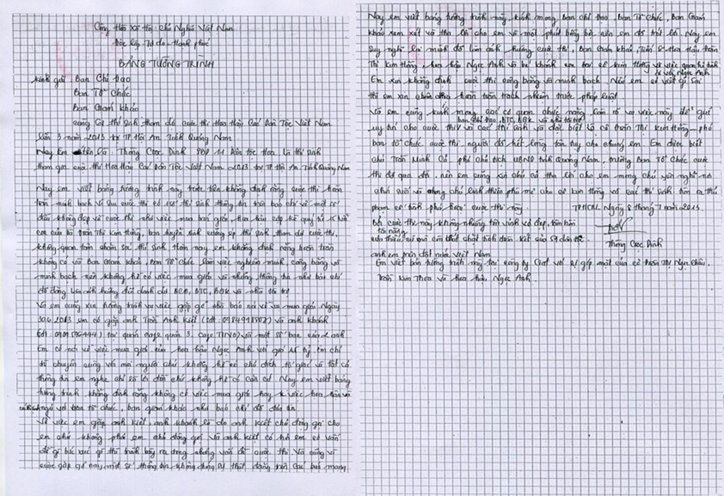 Xử phạt thí sinh vu khống cuộc thi Hoa hậu dân tộc 2013 - 2 Bản tường trình của một thí sinh tung tin sai về cuộc thi (Ảnh: BTC cuộc thi cung cấp)