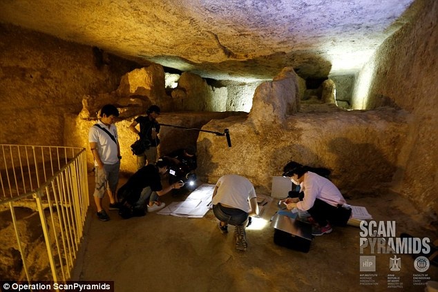 Archaeologists working inside the Great Pyramid of Giza.