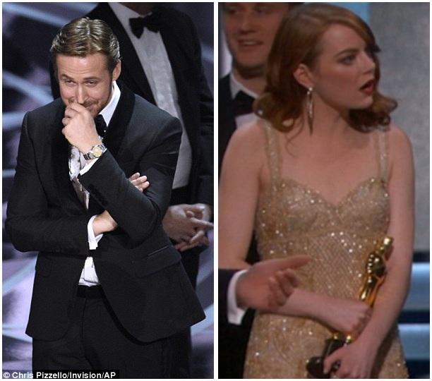 Hy hữu: Gặp “sự cố” vì choáng ngợp trước dàn nghệ sĩ “khủng” - 9 Ryan Gosling (trái) và Emma Stone (phải) đã rất bất ngờ trước những gì diễn ra trên sân khấu.
