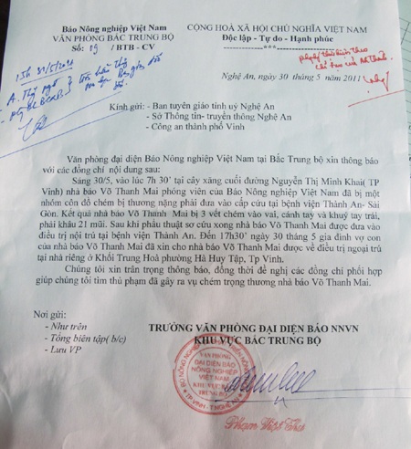 Đề nghị sớm làm rõ vụ PV báo Nông nghiệp Việt Nam bị chém - 2