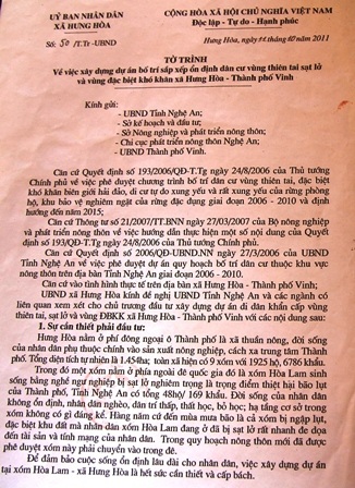 Tờ trình của UBND xã Hưng Hòa gửi các cấp nhưng vẫn chưa có câu trả lời