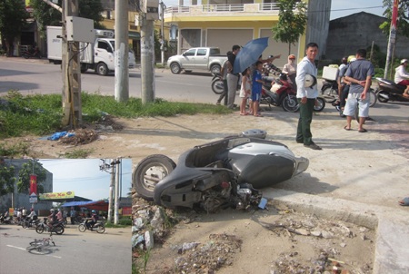 Hiện trường vụ tai nạn tại thành phố Vinh khi xe máy tay ga tông xe đạp làm một học sinh bị thương.