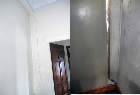 Dân “tố” nhà thầu đóng cọc móng làm nứt nhà - 6 Nhiều vết nứt xuất hiện ở tường, cột trụ ngôi nhà của ông Nguyễn Văn Tứ (SN 1967).