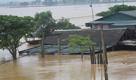 Nước dâng cao hơn 2m tại xã Hưng Lam.