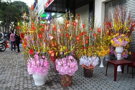 Những nụ tầm xuân được kết thành bình đẹp rực rỡ, thu hút được nhiều khách hàng.