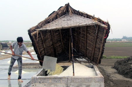 Cho muối vào hầm chứa.